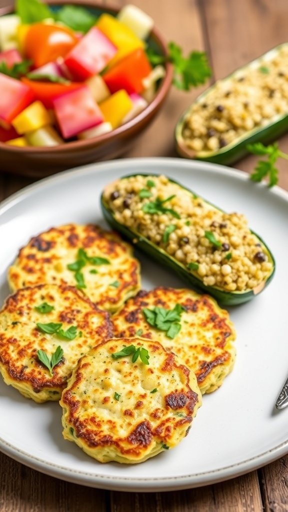 A plate of zucchini fritters and stuffed zucchini boats with quinoa, served with a fresh salad.